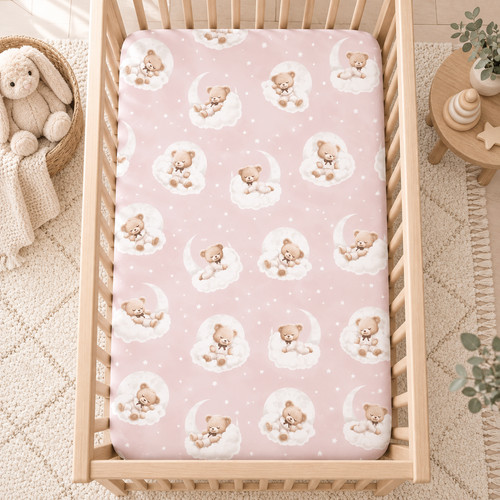Pink teddy bear cot - pink, fitted